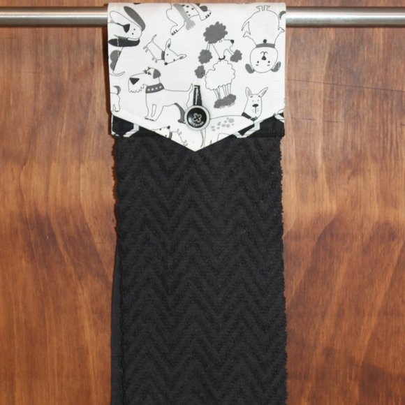 DOG COLLAGE BLACK & WHITE HANDMADE HANGING TOWEL BLACK COTTON HAND TOWEL - Picture 2 of 4